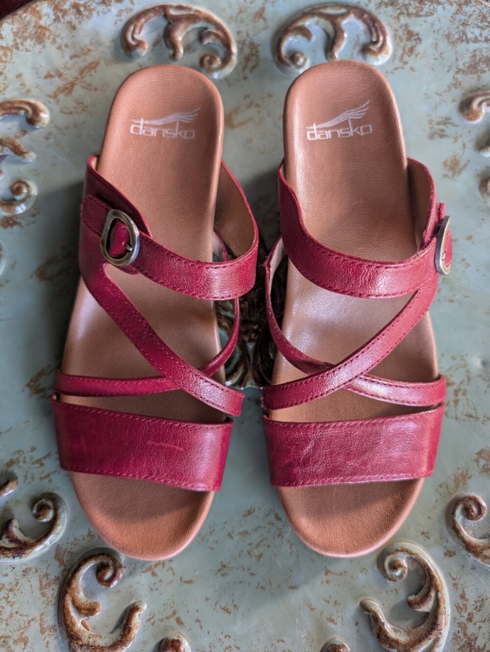 Dansko Red Leather Crossover Strap Sandals Size 40